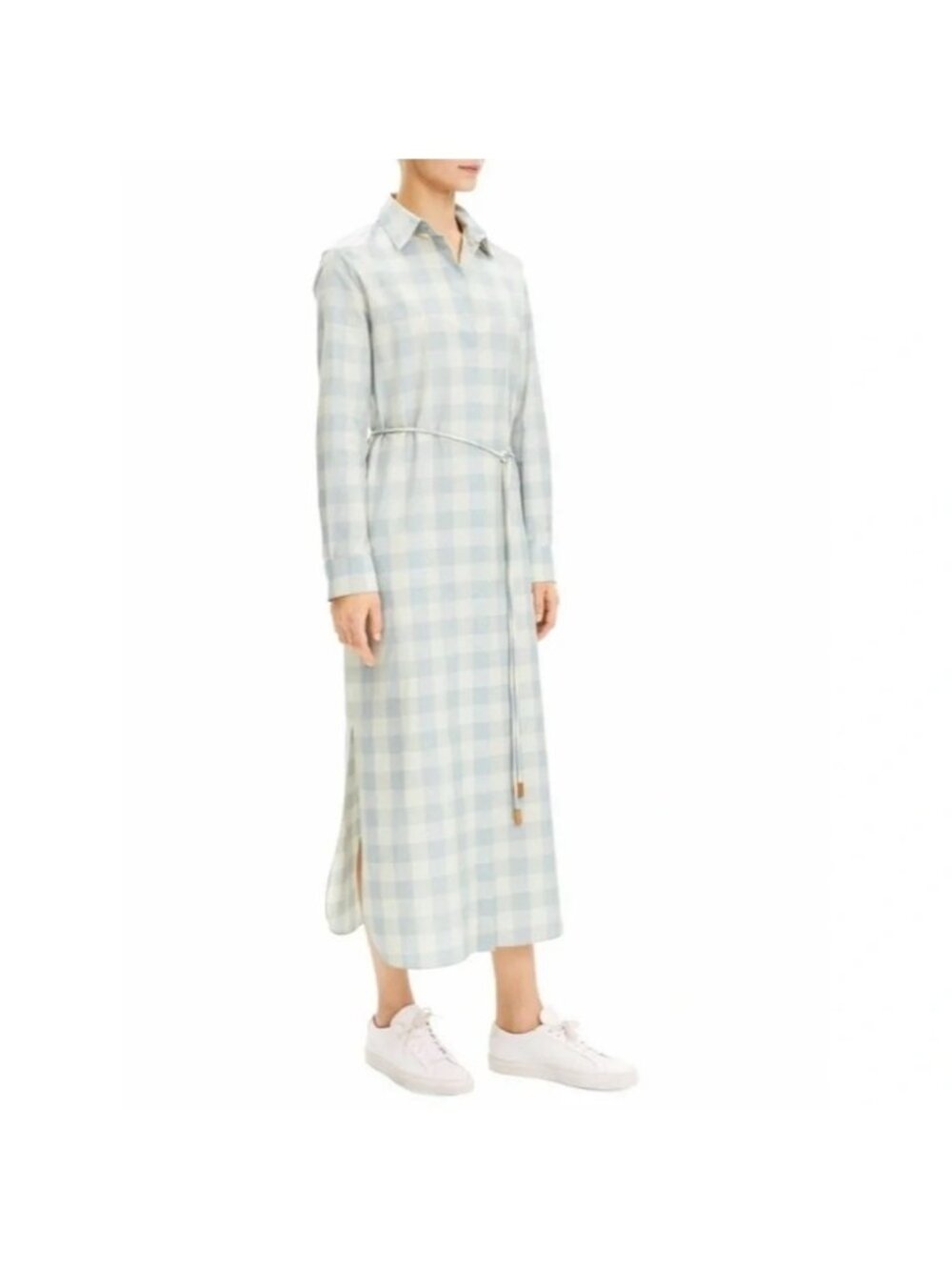 NWT Theory Fuji Check Midi Shirt Dress Blue Stream Cotton Silk Size SMALL